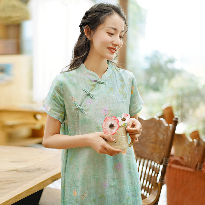 cotton and linen women‘s clothing 2022 new chinese style retro short sleeve ramie dress summer small chinese style improved cheongsam