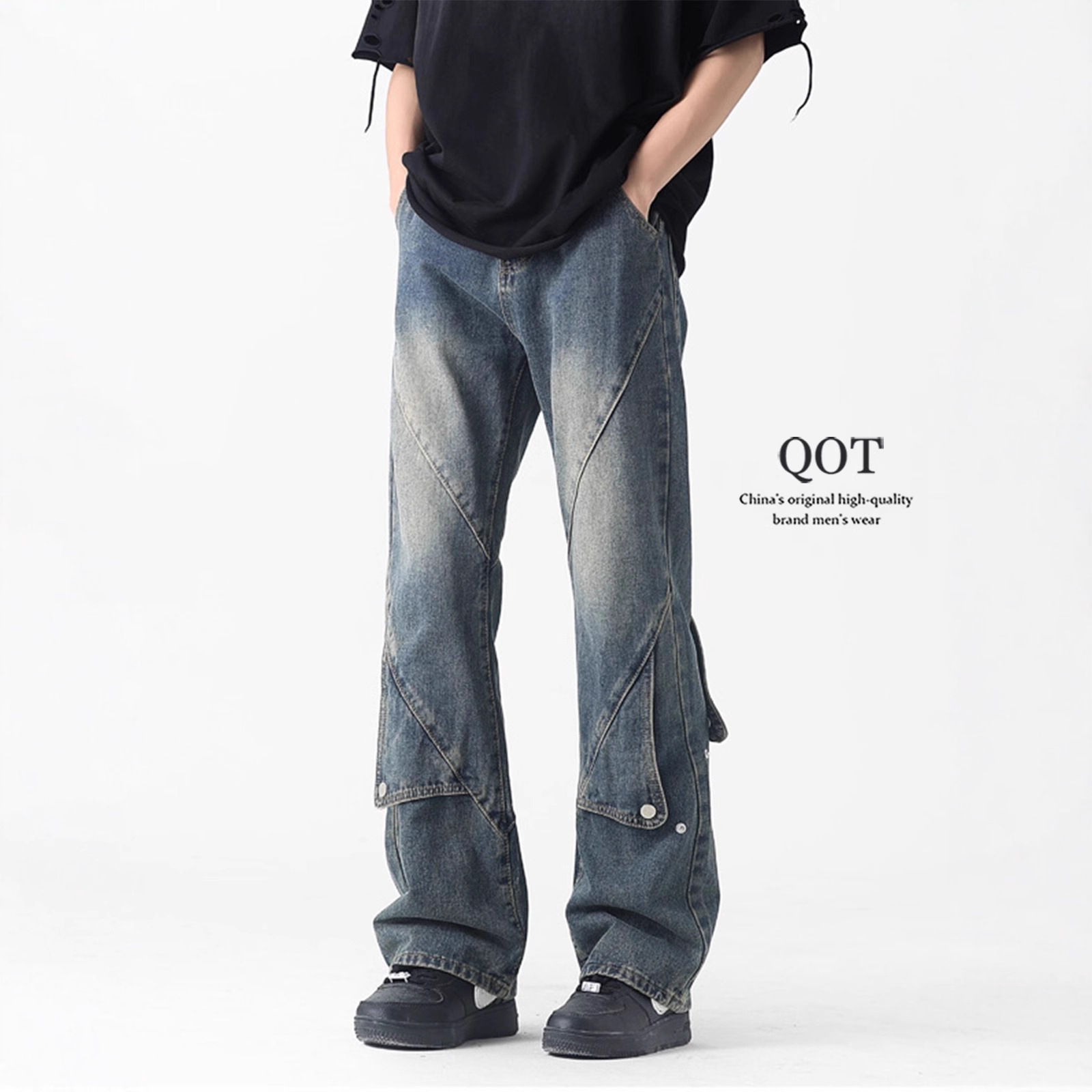 美式复古蓝色排扣牛仔裤阔腿宽松潮男高级感裤子直筒修身微喇叭裤