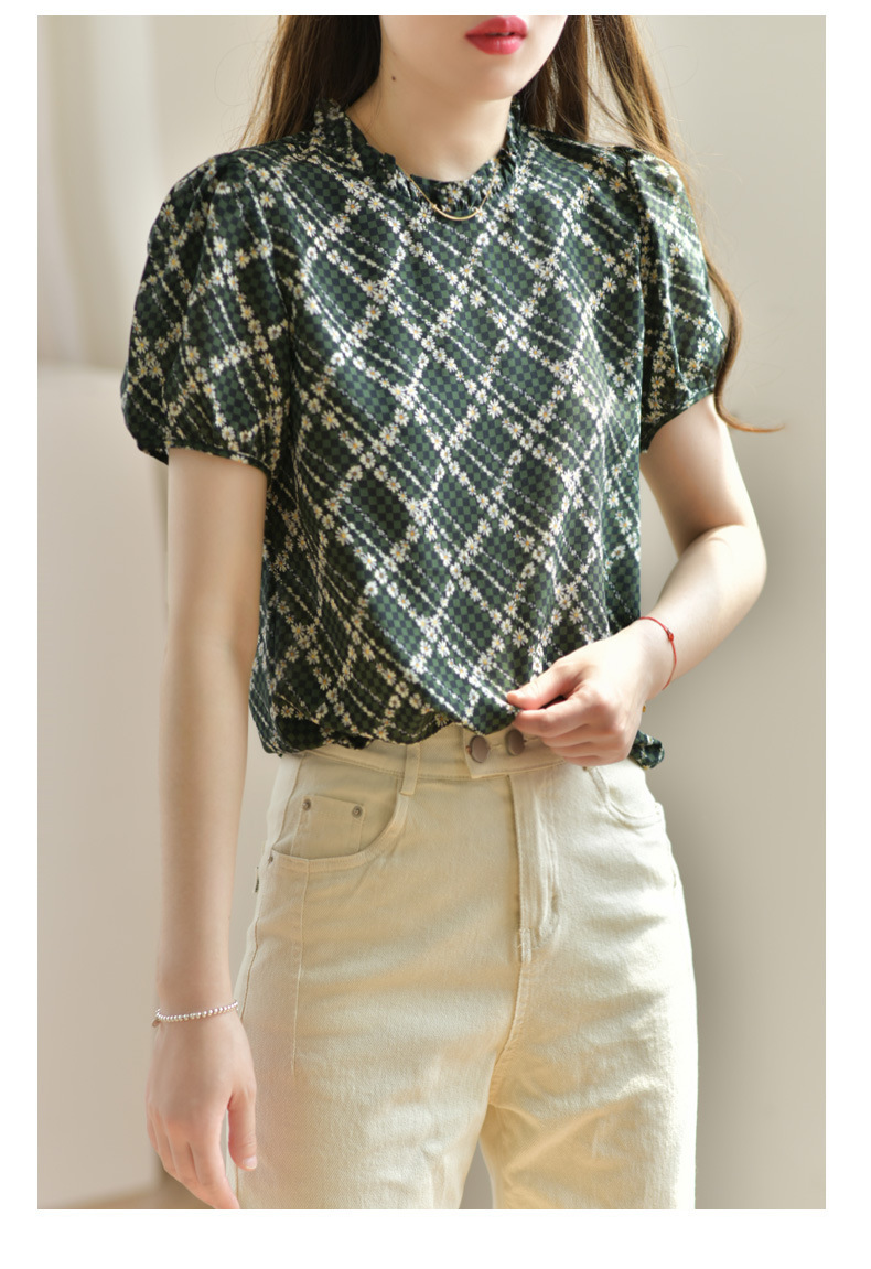 精致时髦小立领桑蚕丝上衣高级感雏菊小碎花格纹衬衫夏季短袖衬衣