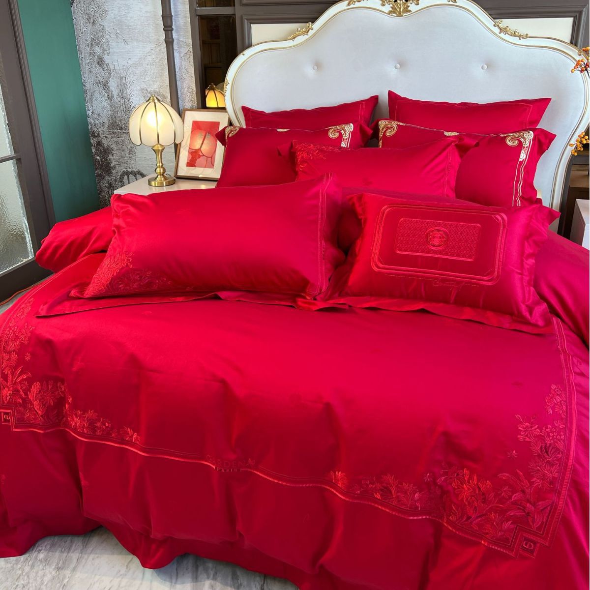 结婚铺床上用品大红简约刺绣四件套简约纯色100支长绒棉六件套