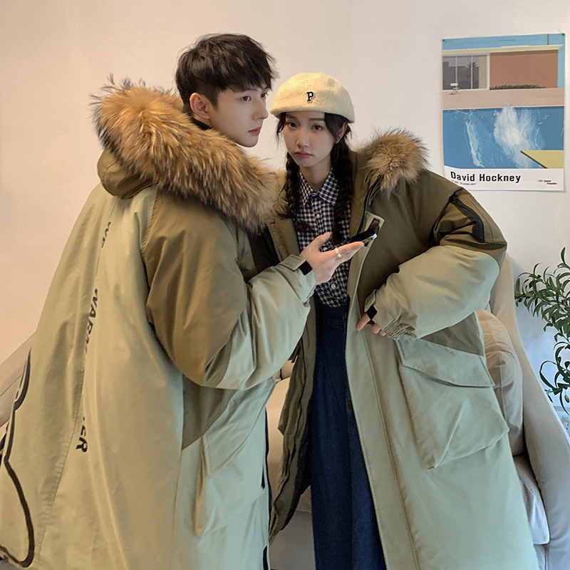 Down Jacket Men's and Women's Mid-Length Couple Wear over the Knee Hong Kong Style Fur Collar Student Color Matching Warm Winter Loose Fashion Coat