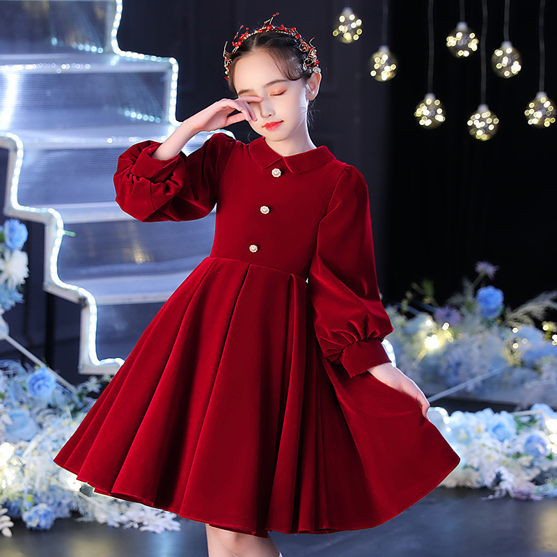 周岁礼服酒红色生日宴公主裙2022新款长袖春季丝绒加厚小女孩礼服