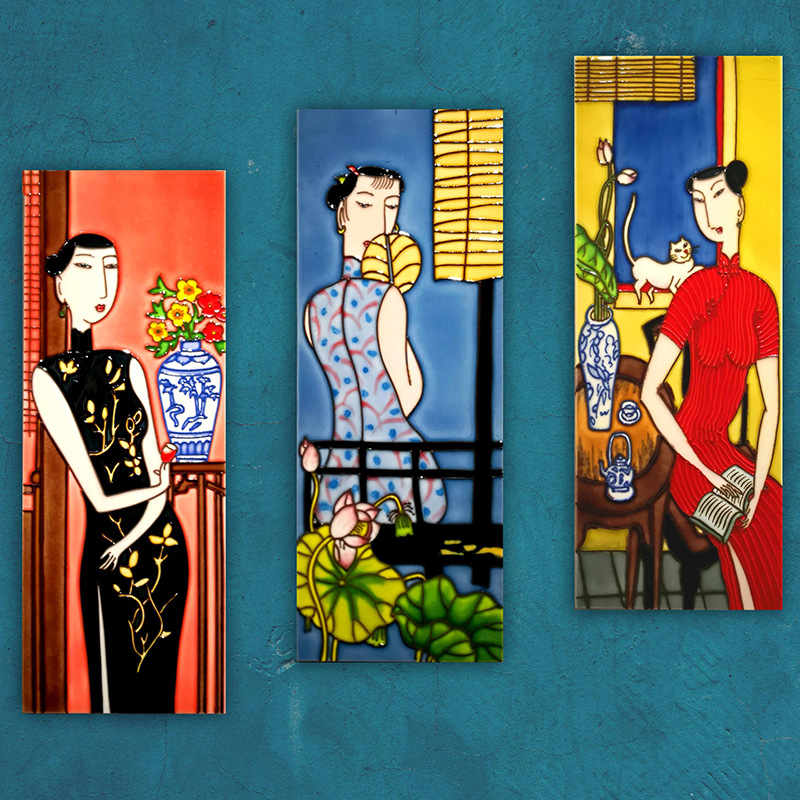 手绘瓷板画陶瓷挂画 竖版玄关壁画客厅背景墙装饰画旗袍女子挂画