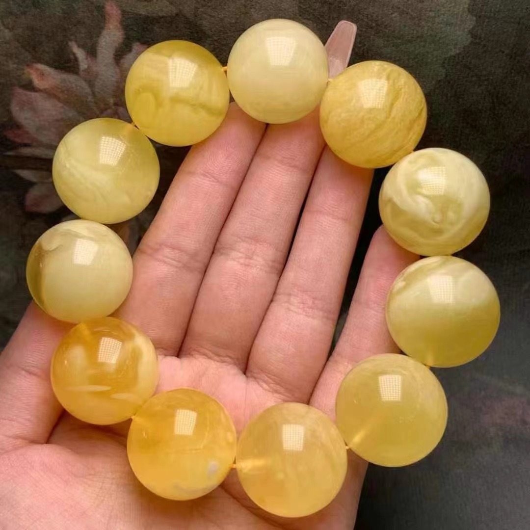 天然蜜蜡精美大手串 单圈圆珠手链 蜡质均匀鸡油黄俄白花纹路妖孽