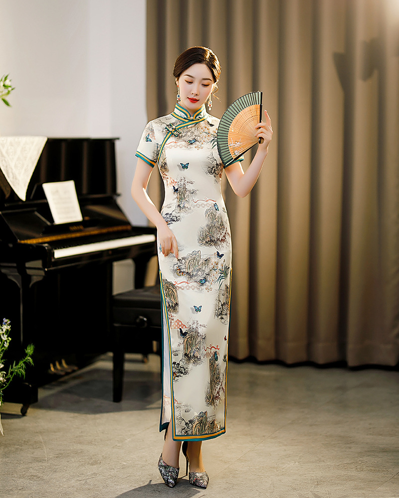 旗袍长款优雅年轻款少女2021夏改良复古中国风老上海走秀连衣裙