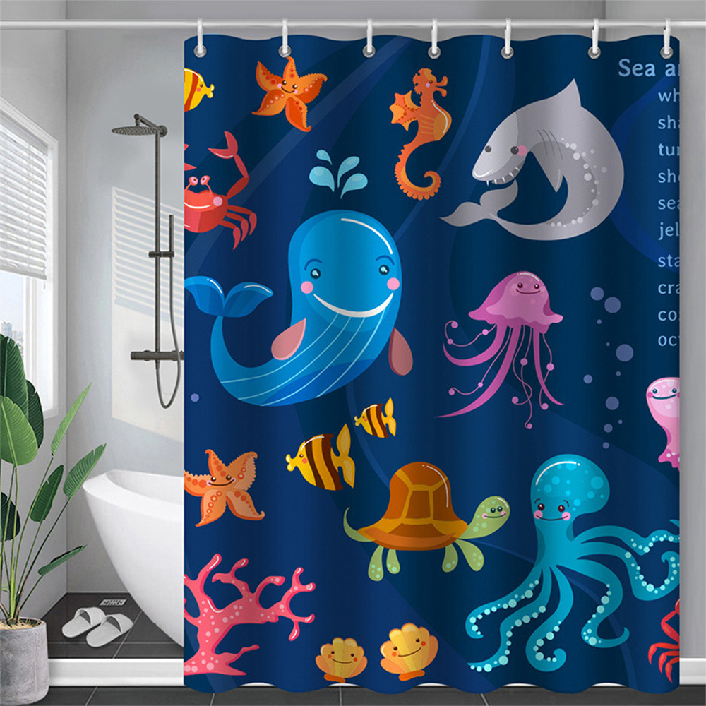 Cross-Border Marine Mermaid Cartoon Shower Curtain Four-Piece Non-Slip U-Shaped Toilet Mat Three-Piece Set Factory Direct Supply