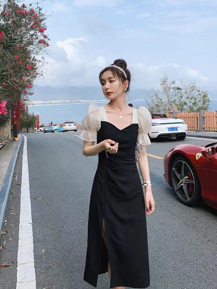 French Style Puff Sleeve Dress Summer 2021 New Slim Fit Slimming Temperament Goddess Style Socialite Stitching Black Dress