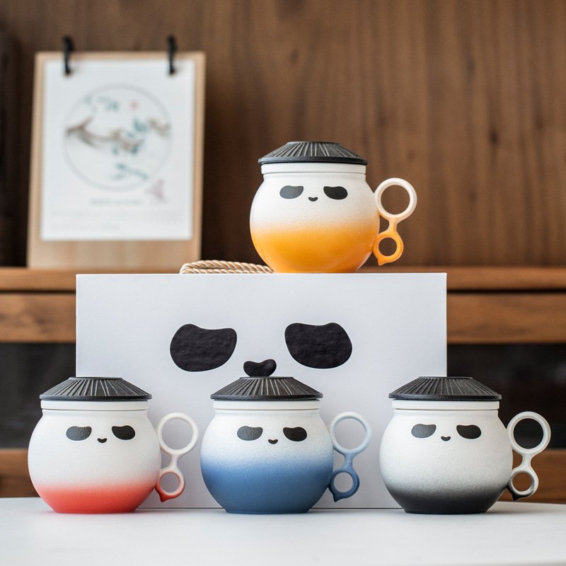 Ceramic Couple Panda Mug Large Capacity with Lid Home Office Tea Water Separation Filter Personal Tea Cup