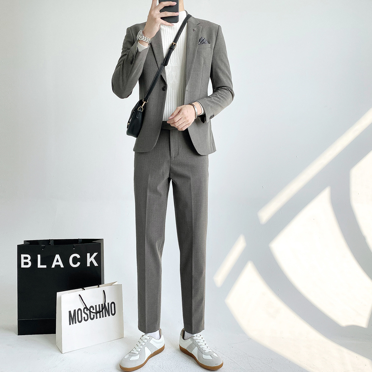 韩版西服套装男帅气休闲正装秋季时尚条纹小西装男英伦潮流婚礼服