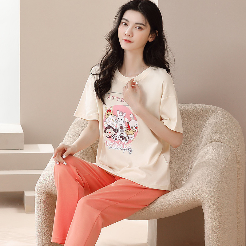Women's Cotton Pajamas Summer Pullover Short-Sleeved Trousers Summer Thin Full Cotton Casual Outerwear Homewear Suit