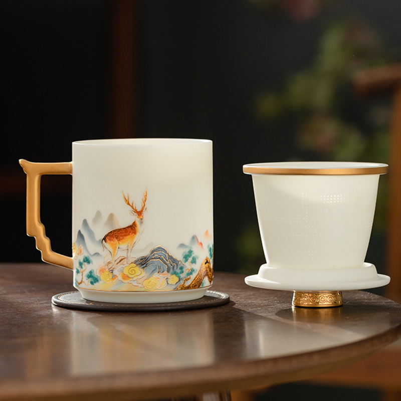 德化羊脂玉白瓷马克杯虎跃龙腾水杯办公会议茶水分离泡茶杯礼盒装