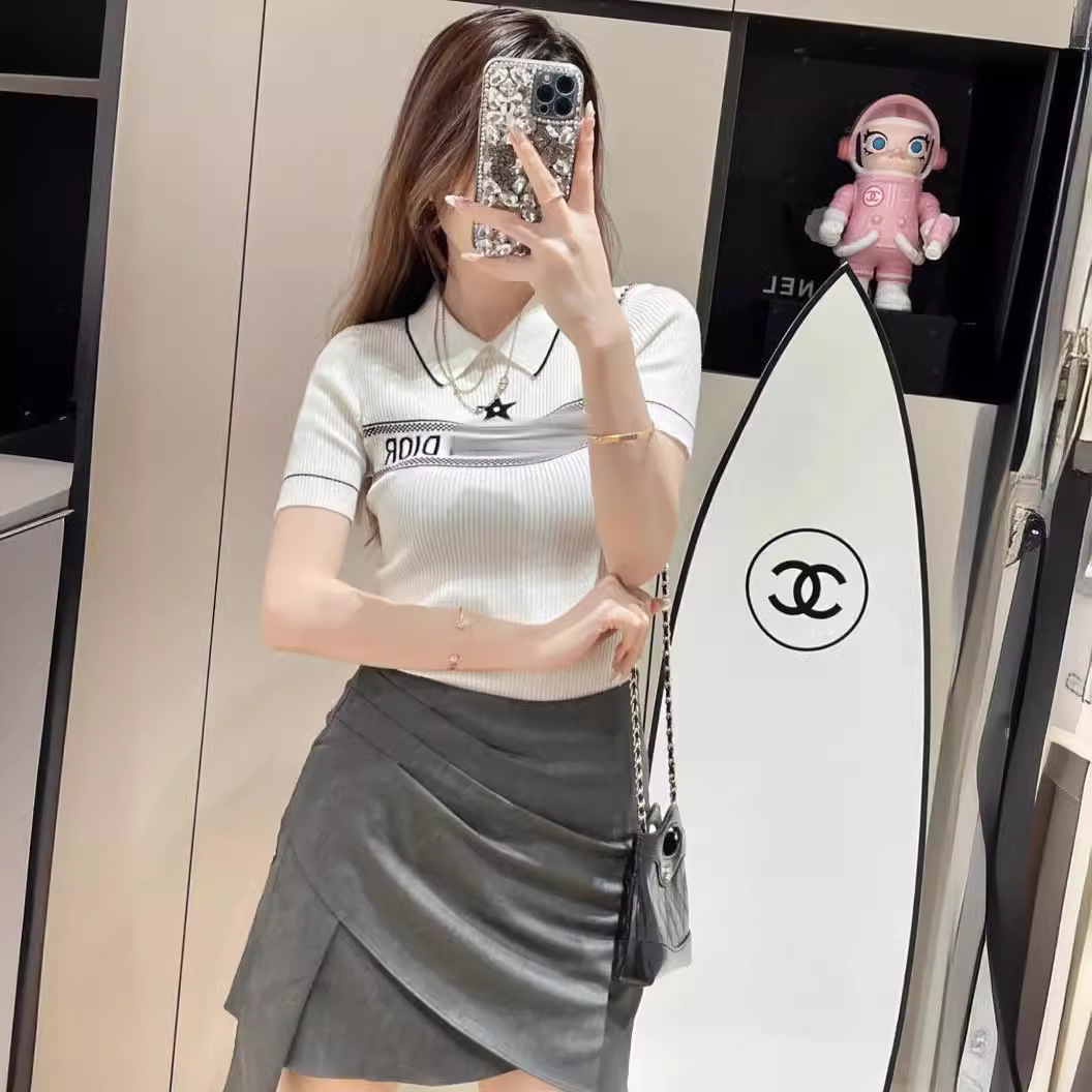 2024小香高级感翻领五角星字母提花坑条弹力长袖针织衫毛衣上衣女