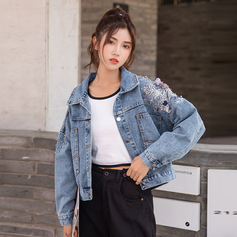 牛仔外套女宽松韩版2020春秋季新款短款bf百搭上衣立体花牛仔衣