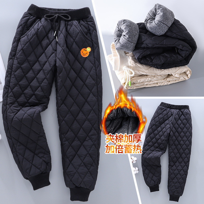 女童菱形格男童夹棉棉裤儿童冬季加绒加厚一条过冬裤子大童束脚裤