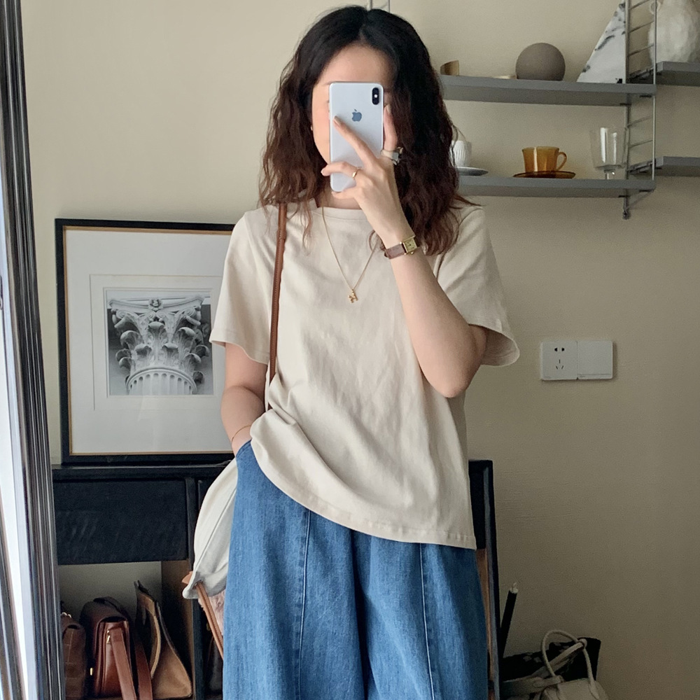 播言杏色潮短袖t恤女宽松圆领叠穿春季新款潮棉百搭卫衣打底衫