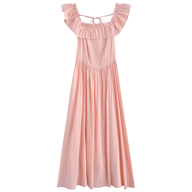 夏季2024年新款荷叶边无袖粉色裙子女装甜美飞飞袖方领长款连衣裙