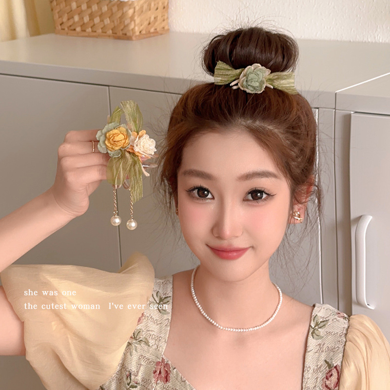 春款民族风花朵蝴蝶结蕾丝边弹簧夹侧边夹甜美少女发夹发饰女发箍