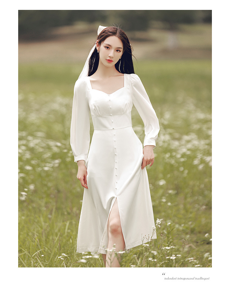 法式轻婚纱白色小礼服平时可穿登记领证订婚轻纱旅拍显瘦缎面礼服