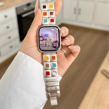 适用于s9applewatch78苹果手表iwatchSE七彩小方格星光色金属表带