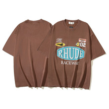 RH标语徽章logo印花复古水洗做旧男女情侣美潮流行夏季短袖T恤潮
