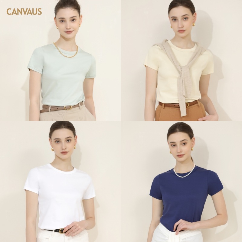 Canvaus Women's New Korean Style Solid Color round Neck Short Sleeves T-shirt Women's Summer Slim Fit Slimming Cotton Top Fashion