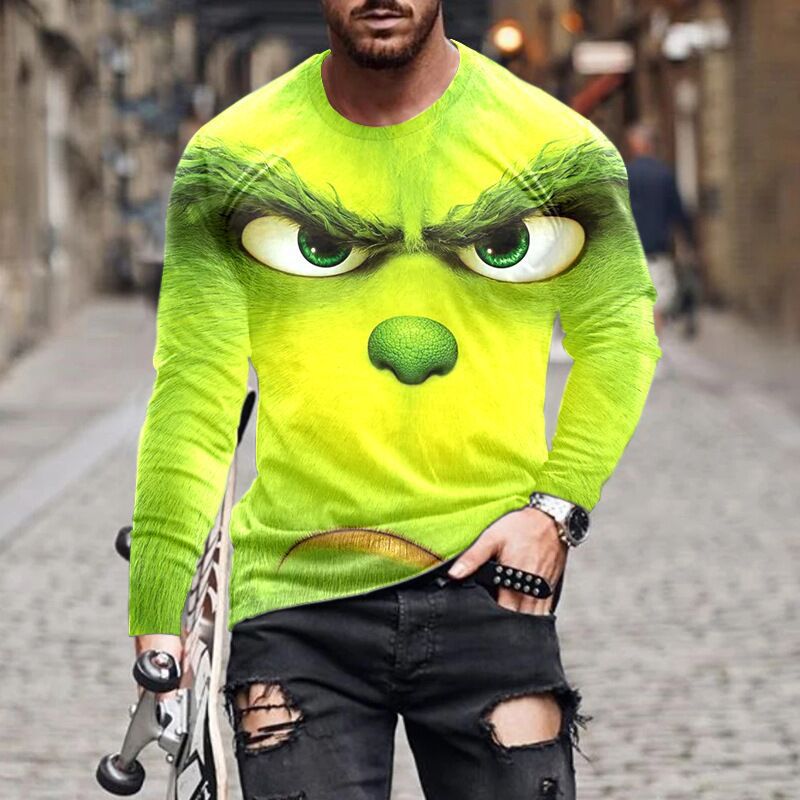 2021新款绿毛怪表情包男士长t恤3d印花休闲圆领 多色可选一件diy