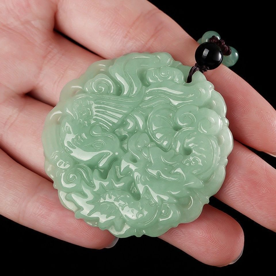 翡翠龙凤牌吊坠a糯种龙凤呈祥玉佩玉吊坠送证书