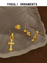 铜镀真金S925银针欧美十字造型耳钉女简约耳环气质镶锆石耳饰T772