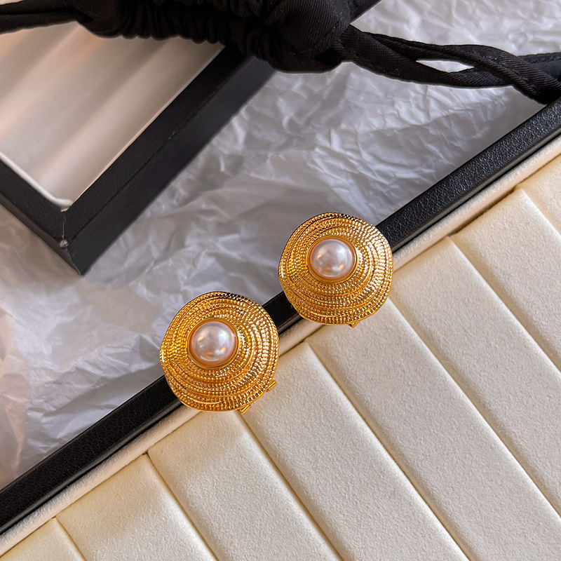 earrings niche high-grade s pearl earrings cross-border hot metal 18k real gold electroplated texture earrings for women