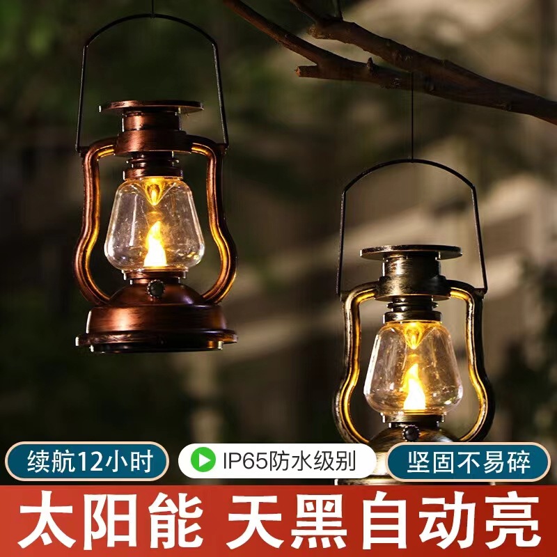 retro solar lantern portable kerosene lamp outdoor camping waterproof courtyard garden decoration led candle lamp