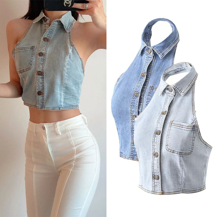 欧美性感辣妹短款露背小马甲女夏季新款上衣翻领单排扣牛仔小背心