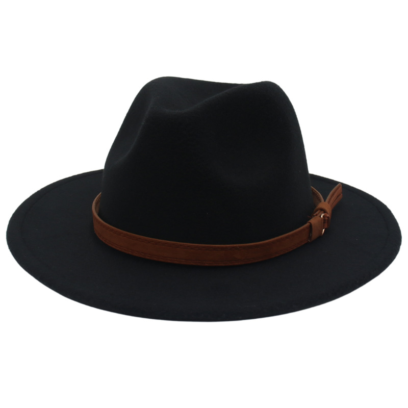 Cross-Border New Arrival Big Brim Brown Belt British Retro Felt Cap Autumn and Winter Western Denim Woolen Tibetan Hat Fedora Hat