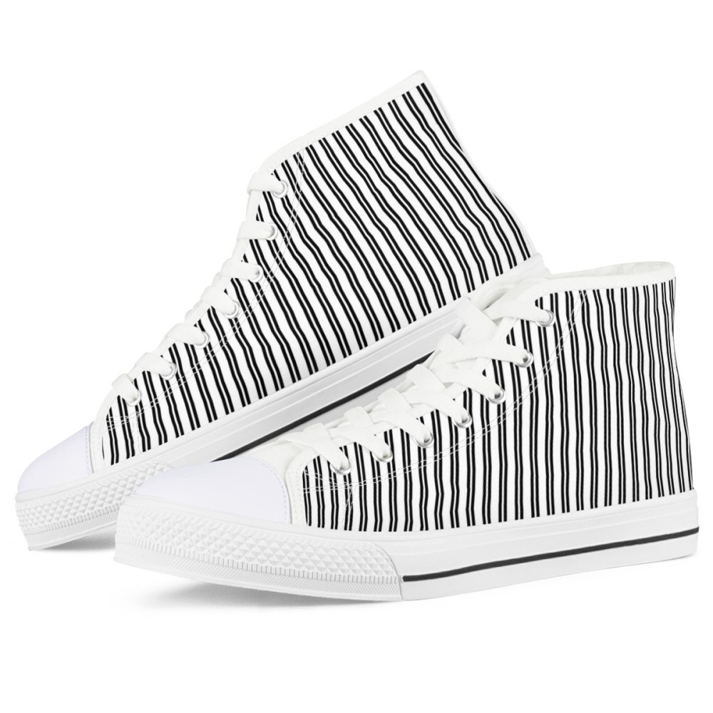 高帮女帆布鞋男鞋简约条纹空女士休闲鞋男运动鞋黑底白底来图印花