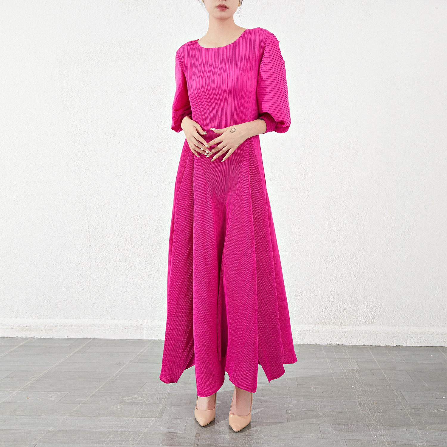 三宅女装趋势外贸速卖通欧美新品复古褶皱灯笼袖收腰大摆连衣裙女