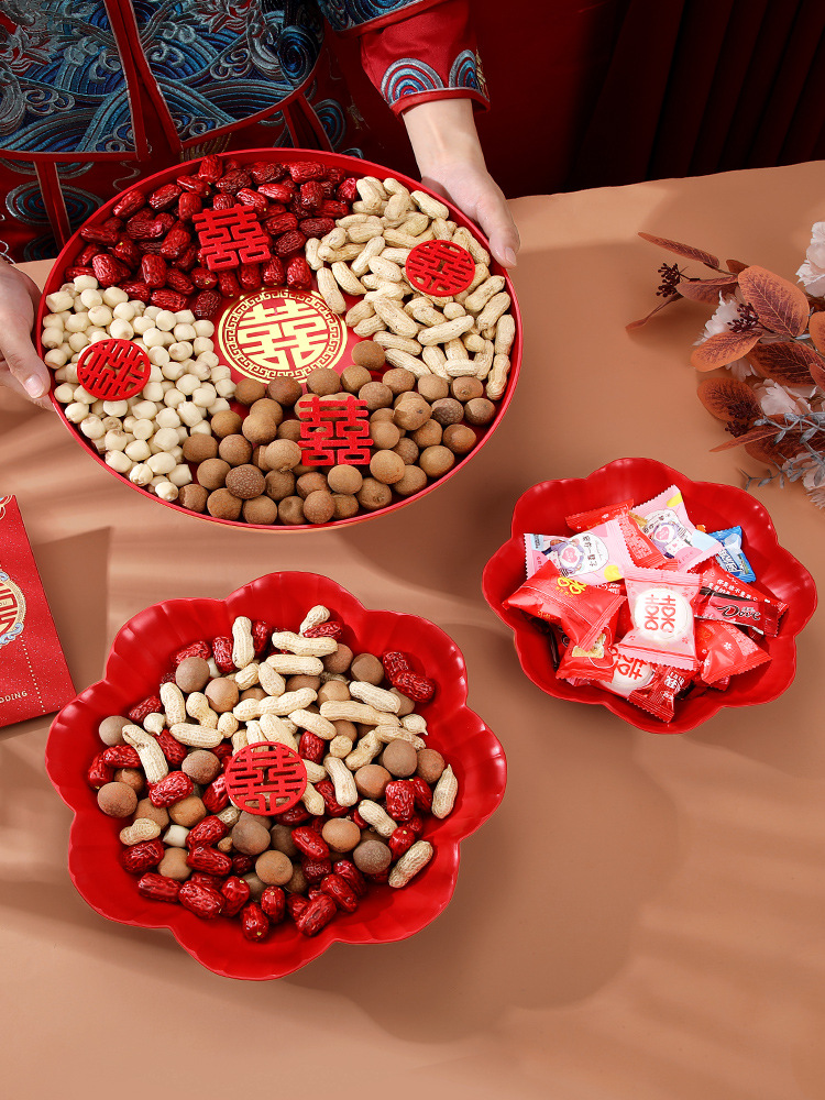 果盘结婚喜糖干果盘红色客厅家用茶几水果盘圆形敬酒敬茶塑料托盘