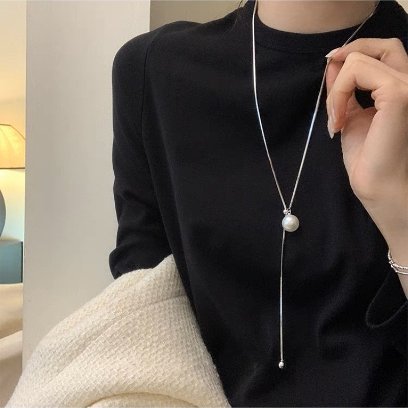 Sweater Chain High-Grade Women's All-Matching Long Pearl Necklace Women's Titanium Steel Necklace Non-Fading Niche Accessories New