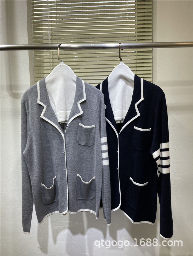 欧洲站2021春夏tb新款口袋条纹翻领西服真丝羊毛针织开衫短外套女