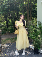 法式黄色荷叶边泡泡袖连衣裙女夏季度假温柔风气质收腰a字长裙子