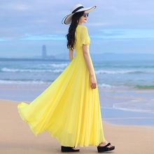 海边度假连衣裙女夏季新款沙滩裙雪纺长款妈妈装领飘逸中袖长裙