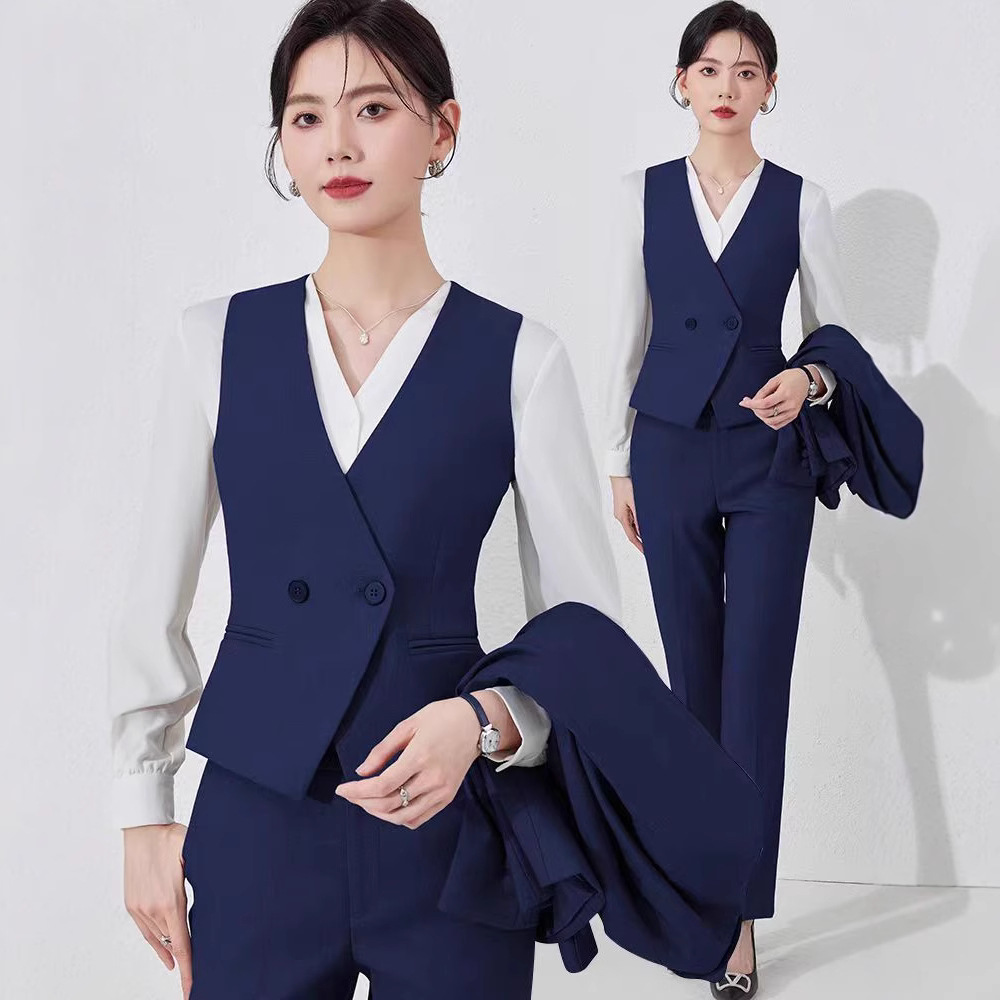 蓝色西装马甲职业套装女背心马夹工装银行酒店前台收银经理工作服