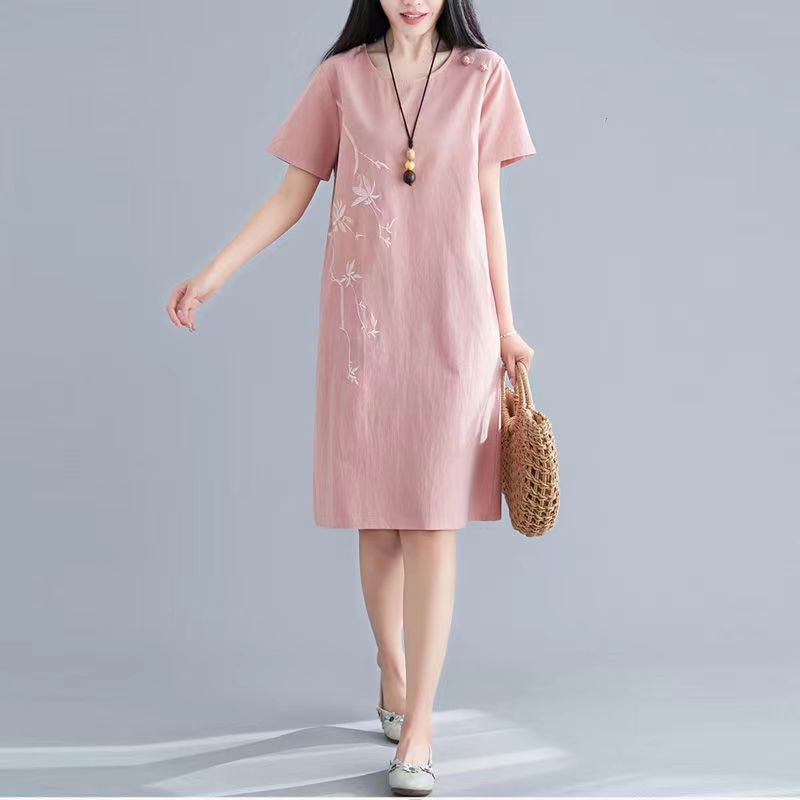 Women's Cotton and Linen Embroidered Dress 2023 Summer New Ethnic Style Loose Slimming A- line Skirt Western Style Buckle Midi Dress