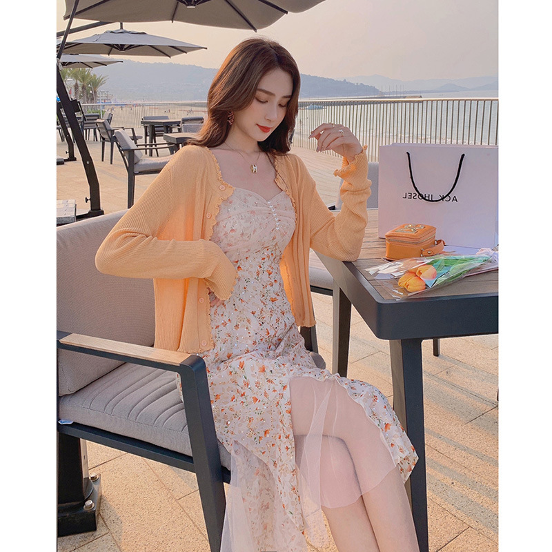 Spring Dress 2022 New Women's Gentle Elegant Style French Floral Strap Dress Dress Two-Piece Suit Summer