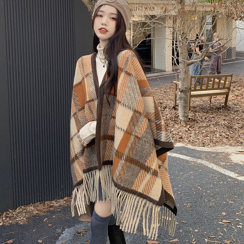 striped plaid shawl outer match tassel knitted cape plus size cape elegant shawl cashmere scarf