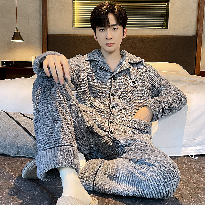 男士睡衣秋冬季加厚大码可外穿家居服男生冬天加绒珊瑚绒冬款套装