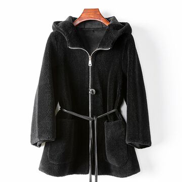 少量服饰100羊毛2024年春季女式颗粒羊毛外套休闲连帽羊剪绒大衣
