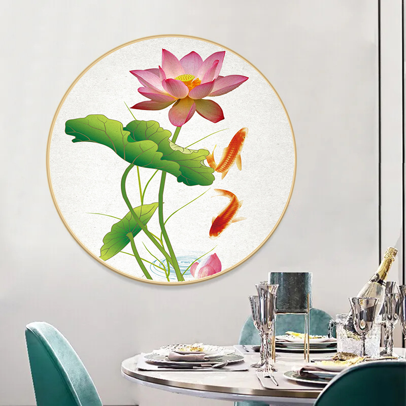 批发精品铝合金圆框带灯光荷花麋鹿晶瓷画现代简约装饰画客厅烤瓷