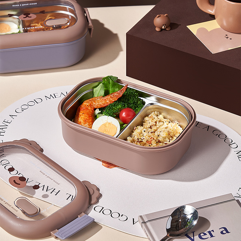 M57 Cartoon Coffee Bear Stainless Steel Lunch Box Student Compartment Insulation Lunch Box Portable Bento Box Lot