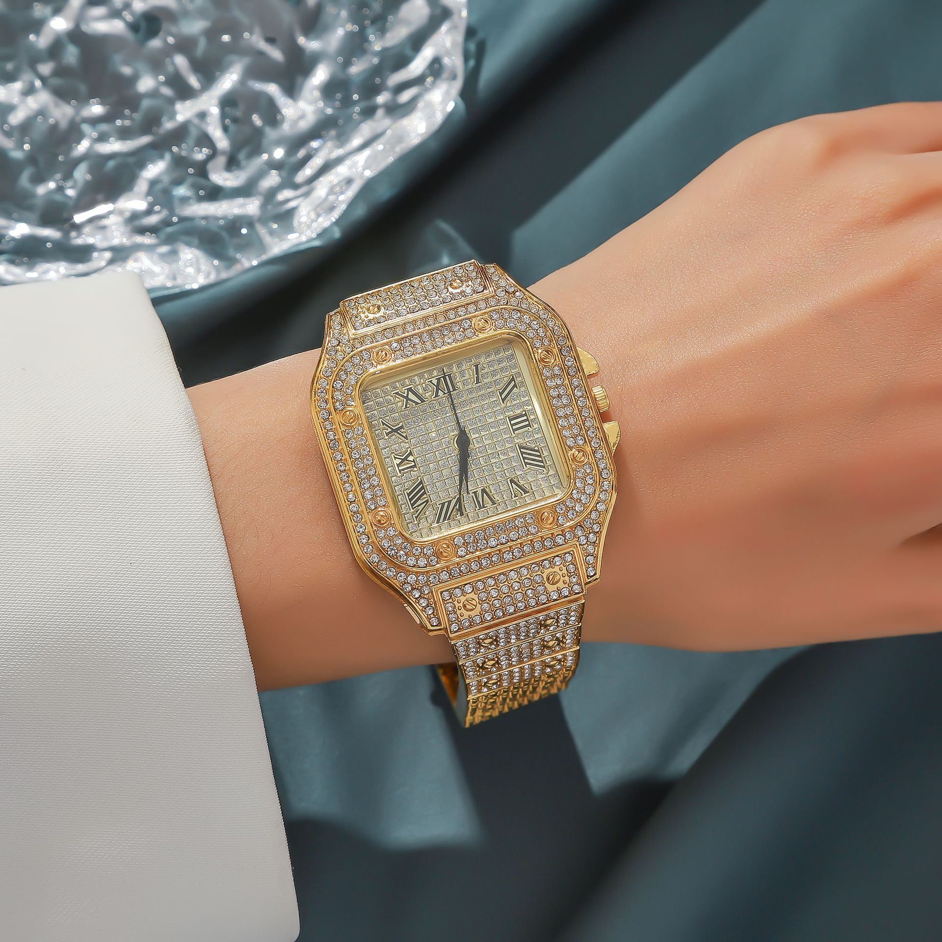 时尚方形手表满天星钢带镶钻欧美男士罗马刻度满天星时尚石英表