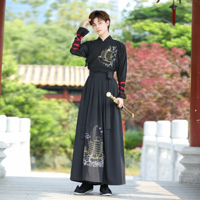 原创汉服男霸气黑色中国风武侠套装男学生励志古风书生日常表演服