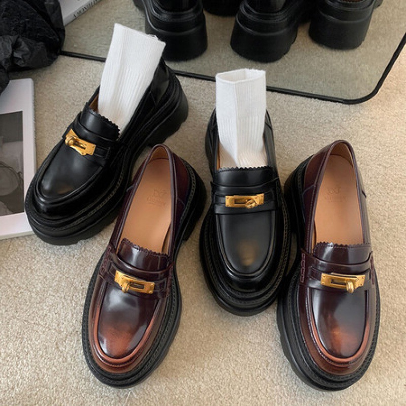 时尚金属扣圆头粗跟女鞋厚底乐福鞋女英伦风jk制服鞋子春季小皮鞋